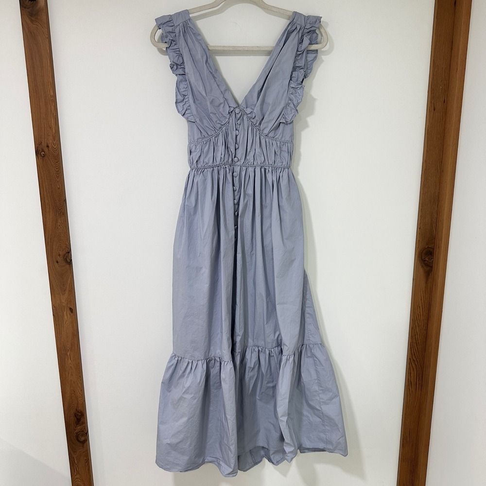 Mable Womens Midi Dress Cotton Ruffle V-Neck Tie Back Tiered Blue S Cottagecoe